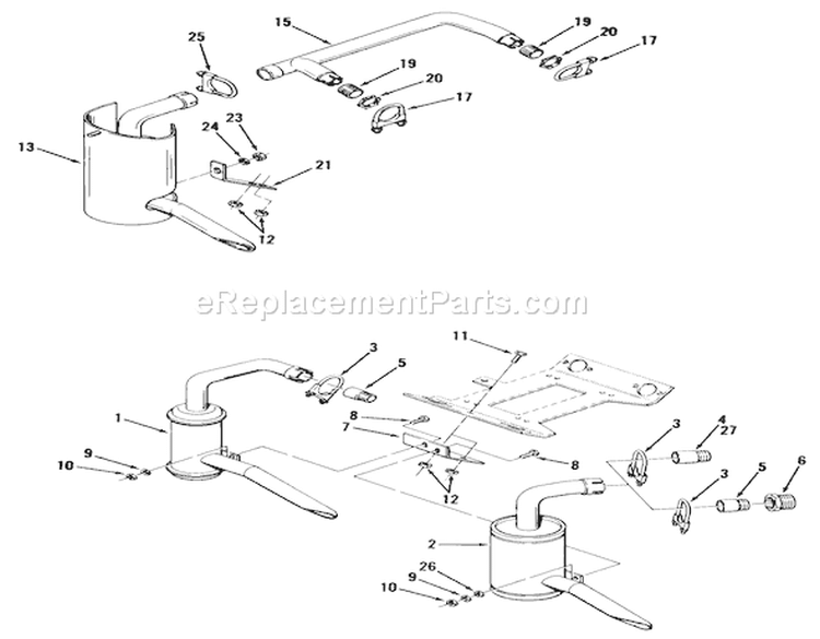 Exhaust System Diagram and Parts List for 91-16KS01 1979 Toro Lawn Tractor