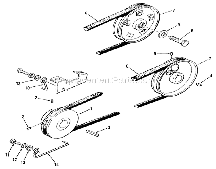 Drive Belt And Pulleys Diagram and Parts List for 91-16KS01 1979 Toro Lawn Tractor