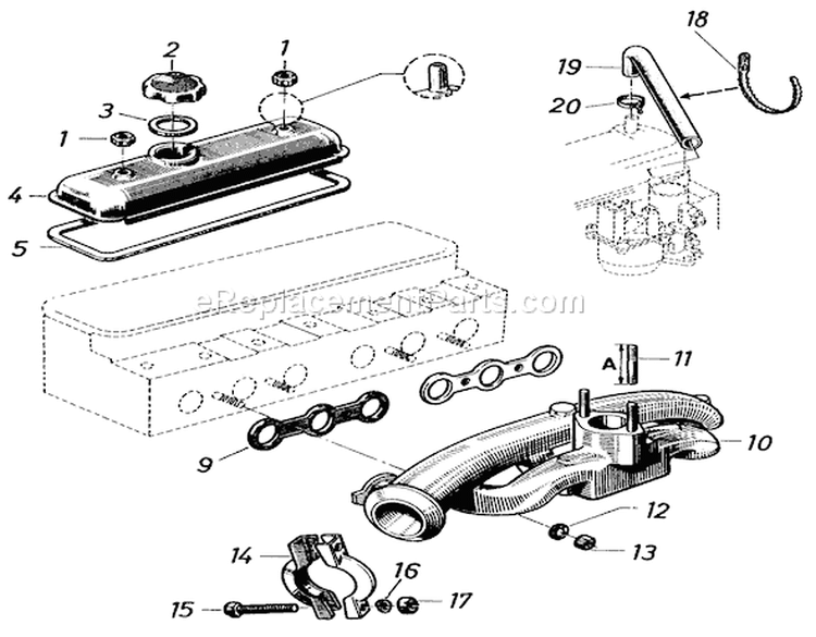 Valve Cover And Intake/exhaust Manifold Diagram and Parts List for 91-20RG01 1981 Toro Lawn Tractor