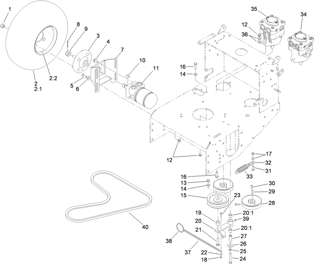 Pump Drive And Engine Pulley Assembly Diagram and Parts List for 39934 (310000001-310999999)(2010) Toro Lawn Mower