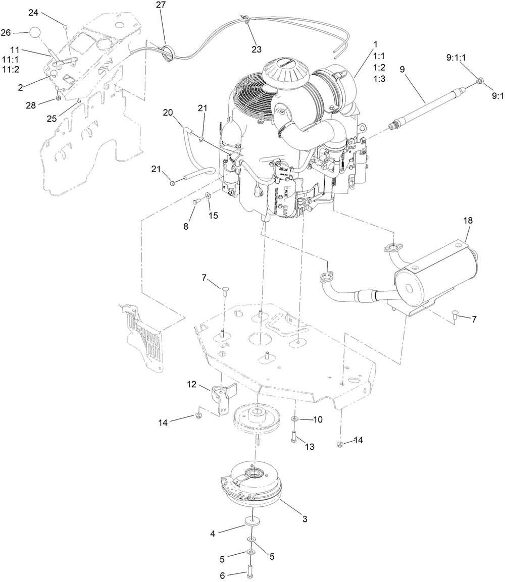 Engine, Clutch And Muffler Assembly Diagram and Parts List for 72910 409521812 - 412799999 Toro Lawn Tractor