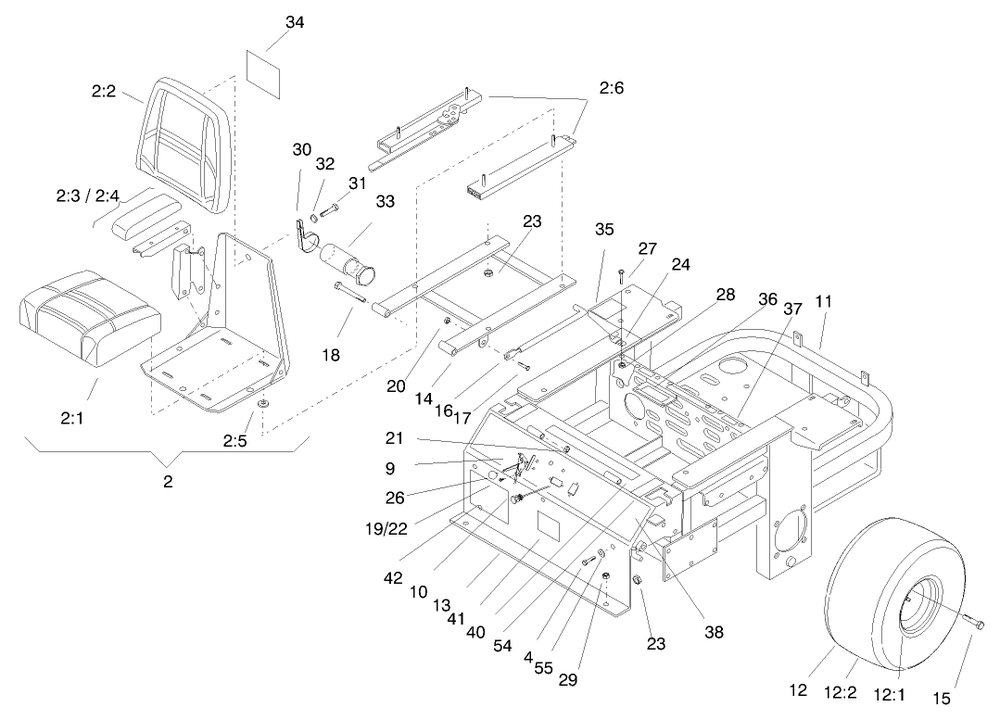 Main Frame Diagram and Parts List for 74200 890001 - 899999 Toro Lawn Tractor