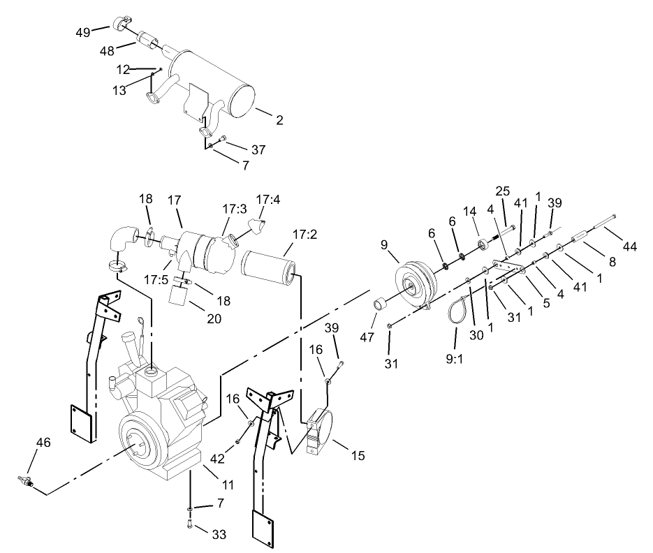 Engine, Clutch And Air Cleaner Assembly Diagram and Parts List for 74214 (230006001-230999999)(2003) Toro Lawn Mower
