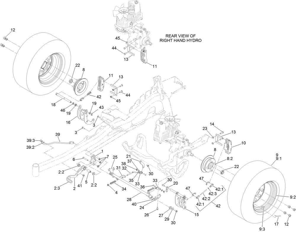 Parking Brake And Wheel Assembly Diagram and Parts List for 75969TE 402080000-403099999 Toro Lawn Mower