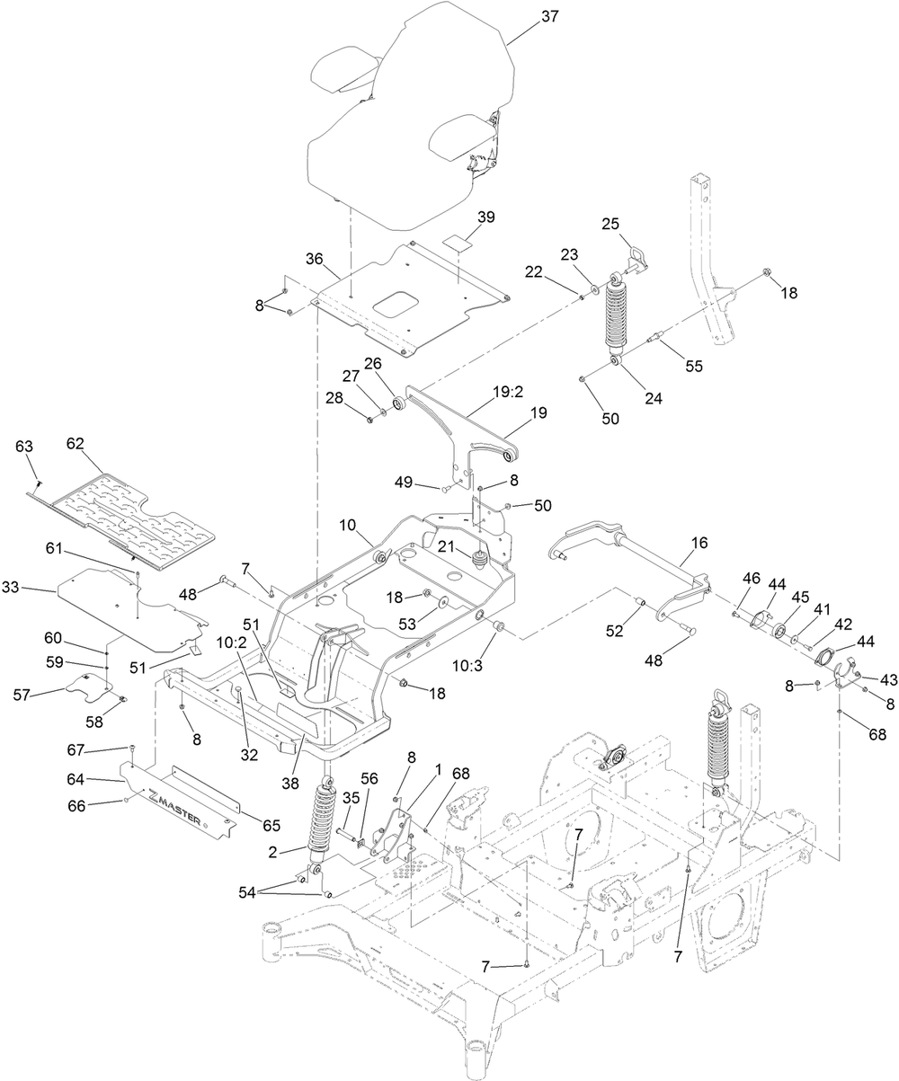 Seat Suspension Platform Assembly Diagram and Parts List for 74056TE 409854760-409854775 Toro Lawn Tractor