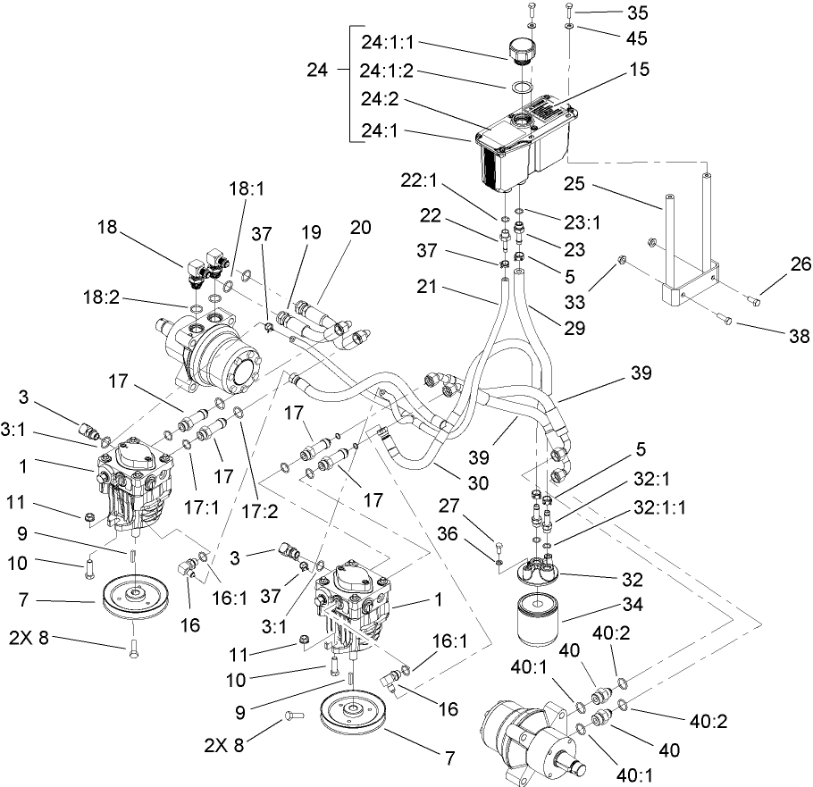 Hydraulic System Assembly Diagram and Parts List for 74411 (250000001-250999999)(2005) Toro Lawn Mower