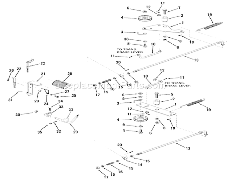 Brake And Clutch Linkage Diagram and Parts List for 03-08EP01 1983 Toro Lawn Tractor