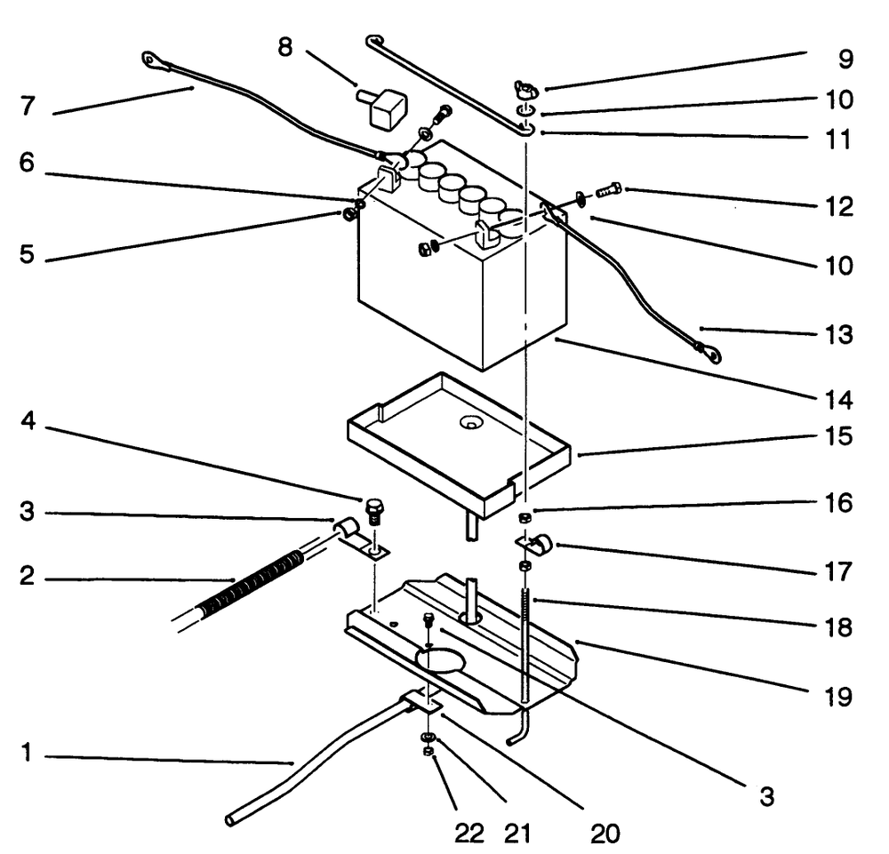 Battery Assembly Diagram and Parts List for 22-14O502 2000001 - 2999999 Toro Lawn Tractor