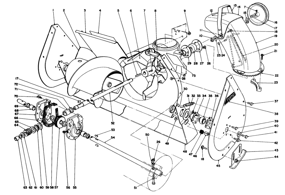 Auger Assembly Diagram and Parts List for 38080 7000001 - 7999999 Toro Snow Blower