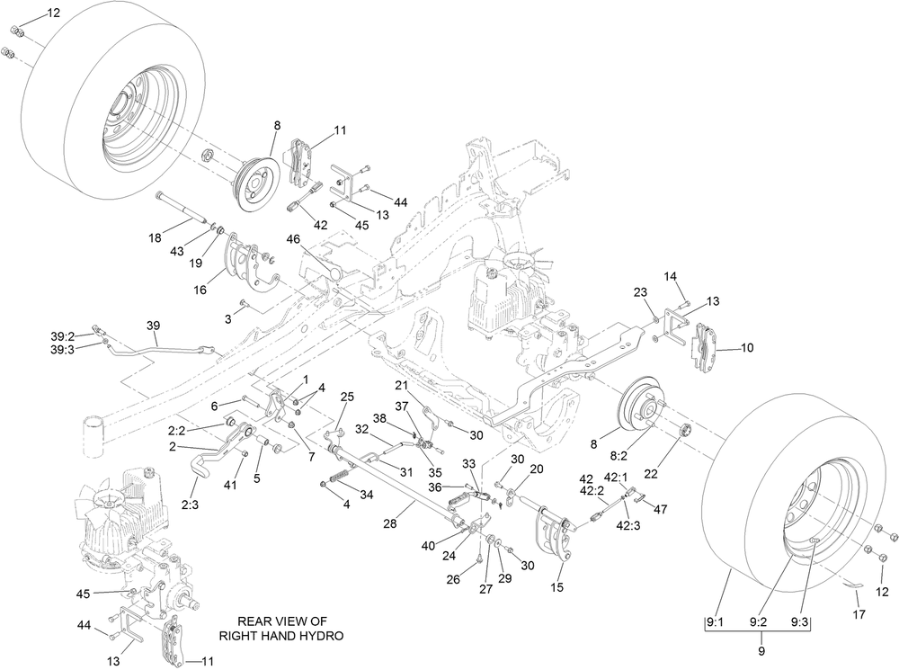 Parking Brake And Wheel Assembly Diagram and Parts List for 74959 402090000-403010621 Toro Lawn Mower