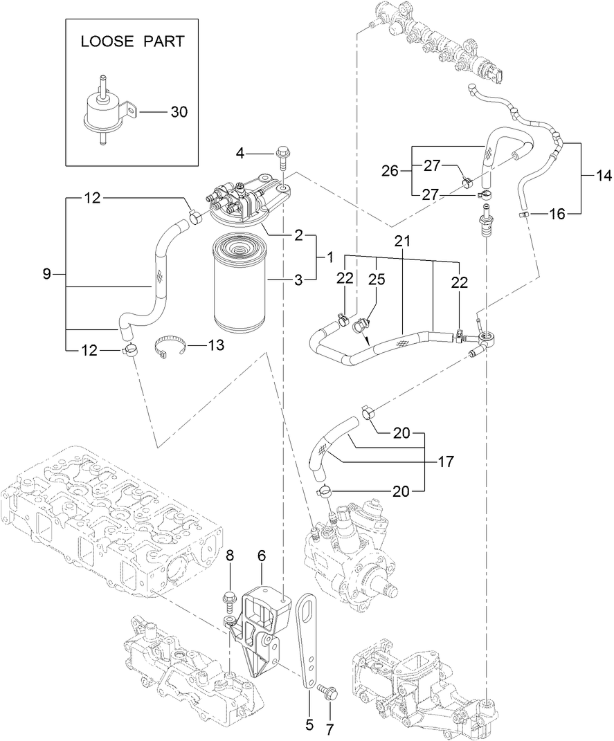 Fuel Line Assembly Diagram and Parts List for 22370 400000000 - 410399999 Toro Lawn Tractor Accessories