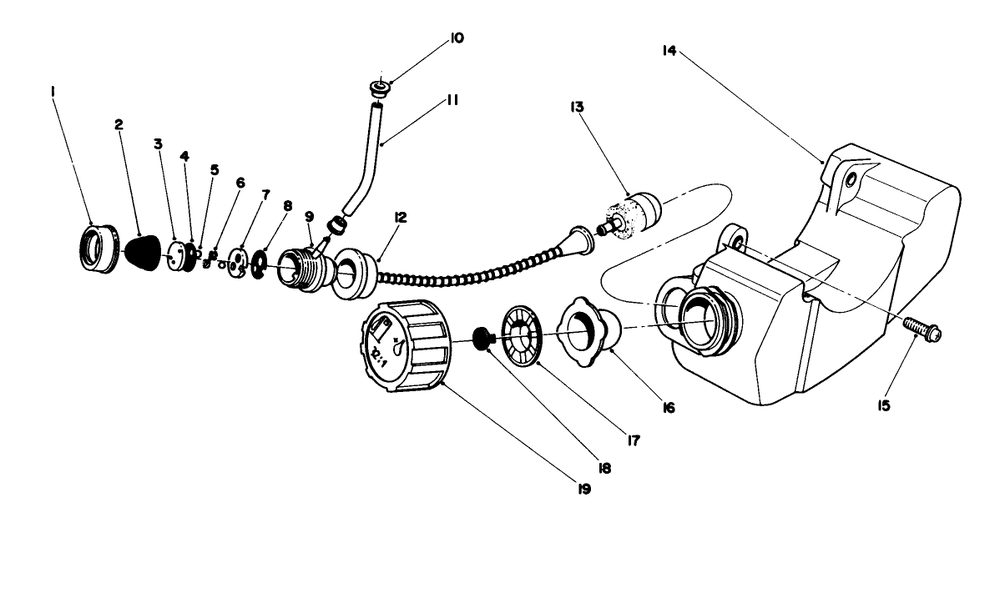 Fuel Tank Assembly Diagram and Parts List for 51641 7000001 - 7999999 Toro Trimmer