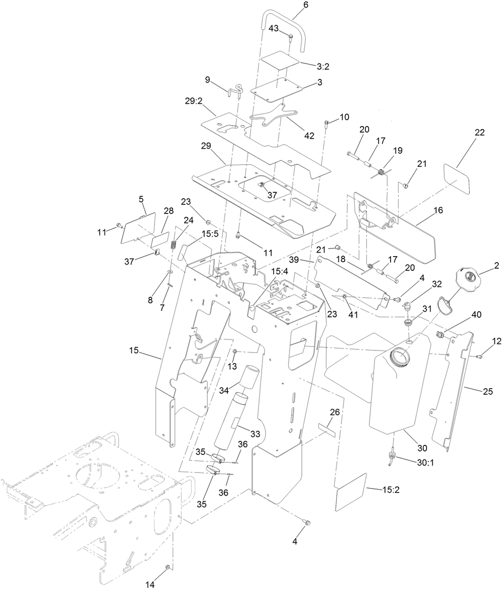 Control Tower And Fuel Tank Assembly Diagram and Parts List for 22984 407680000 - 407999999 Toro Lawn Tractor Accessories