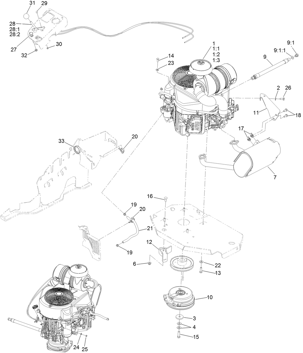 Engine, Clutch And Muffler Assembly Diagram and Parts List for 72969TE 400000000 - 412899999 Toro Lawn Tractor