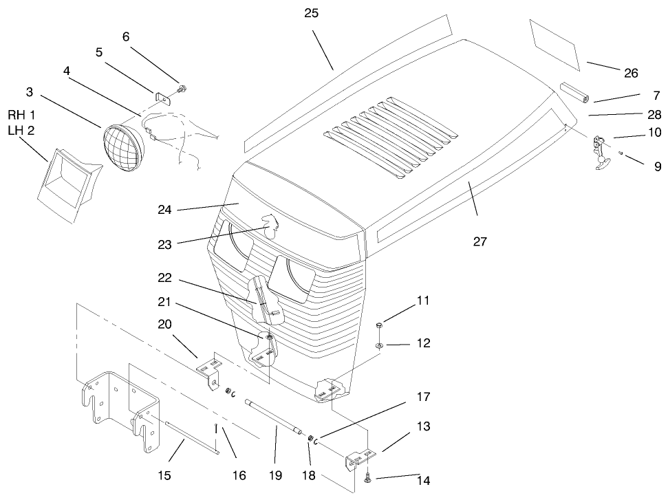 Hood Assembly Diagram and Parts List for 73422 7900001 - 7999999 Toro Lawn Tractor