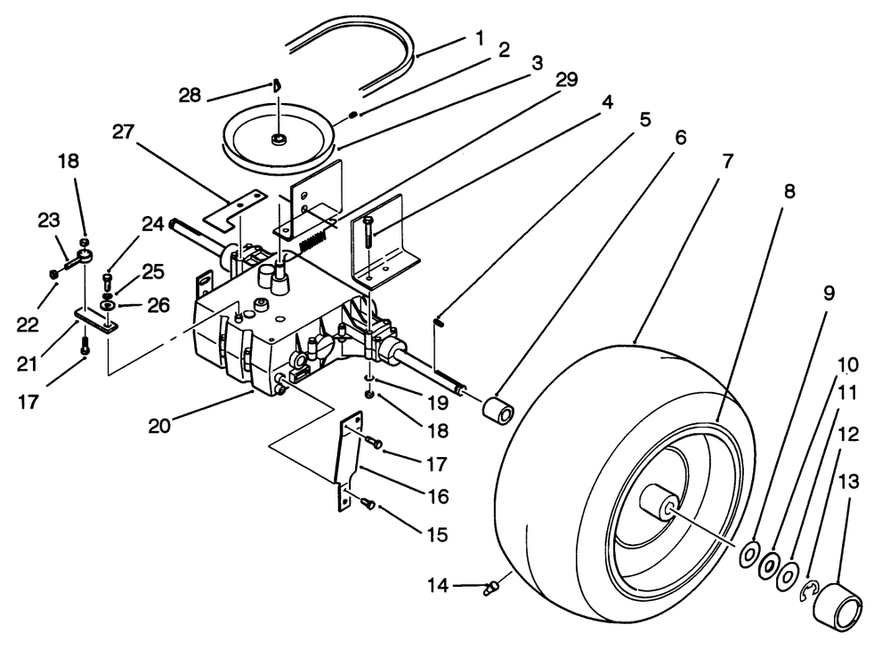 Rear Wheel And Transmission Assembly Diagram and Parts List for 22-14O502 2000001 - 2999999 Toro Lawn Tractor