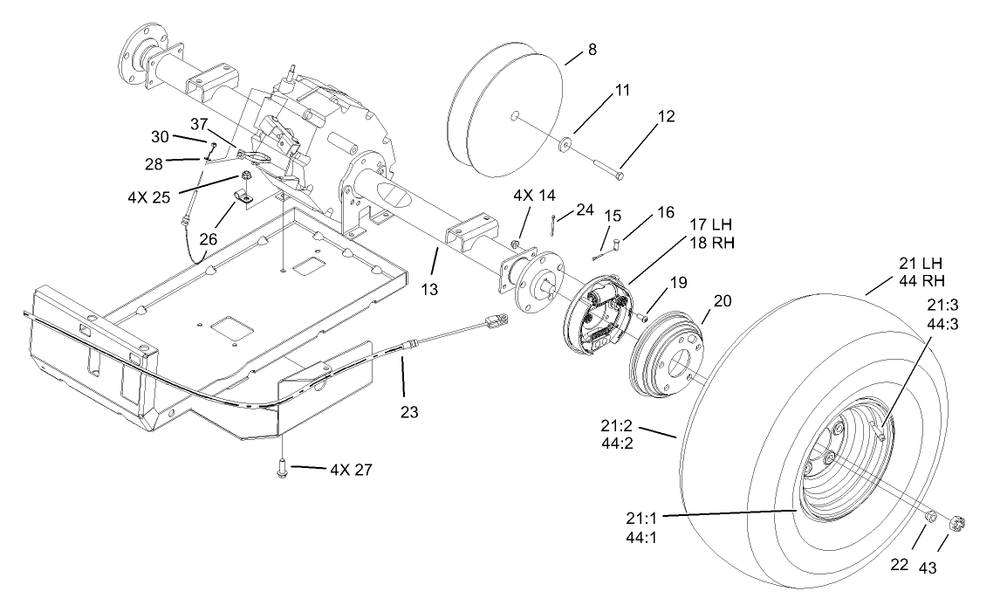Rear Tire And Transaxle Assembly Diagram and Parts List for 12004 230000001 - 230999999 Toro Lawn Tractor