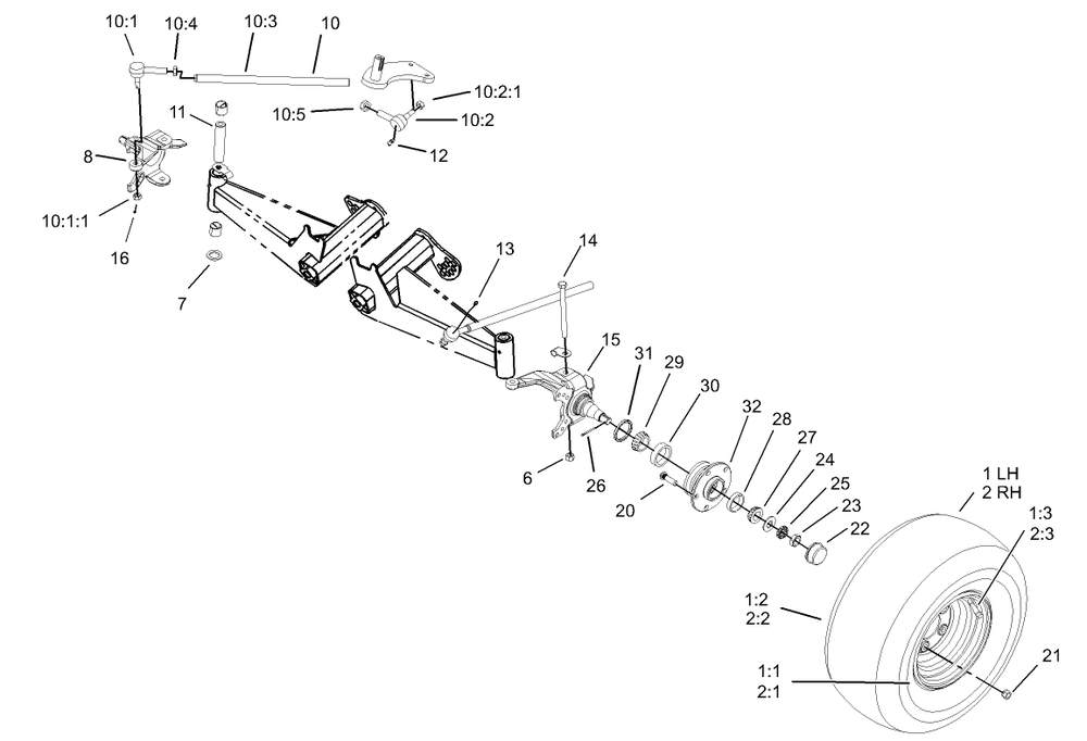 Front Tire And Steering Assembly Diagram and Parts List for 12004 230000001 - 230999999 Toro Lawn Tractor