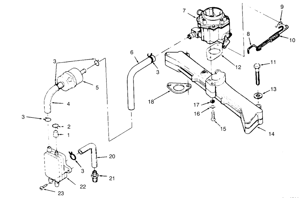 Carburetor, Intake Manifold & Fuel Pump Diagram and Parts List for 74140 590001 - 599999 Toro Lawn Tractor