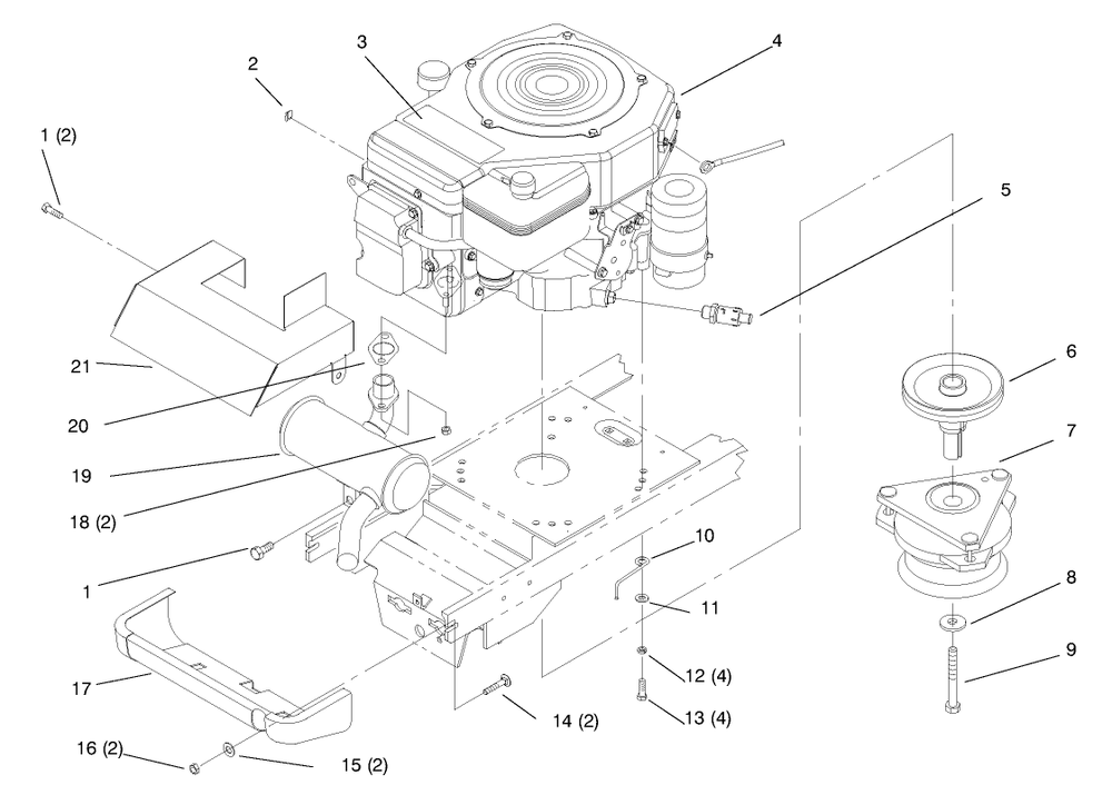 Single Cylinder Engine, Muffler, And P.T.O. Diagram and Parts List for 72045 8900001 - 8900399 Toro Lawn Tractor
