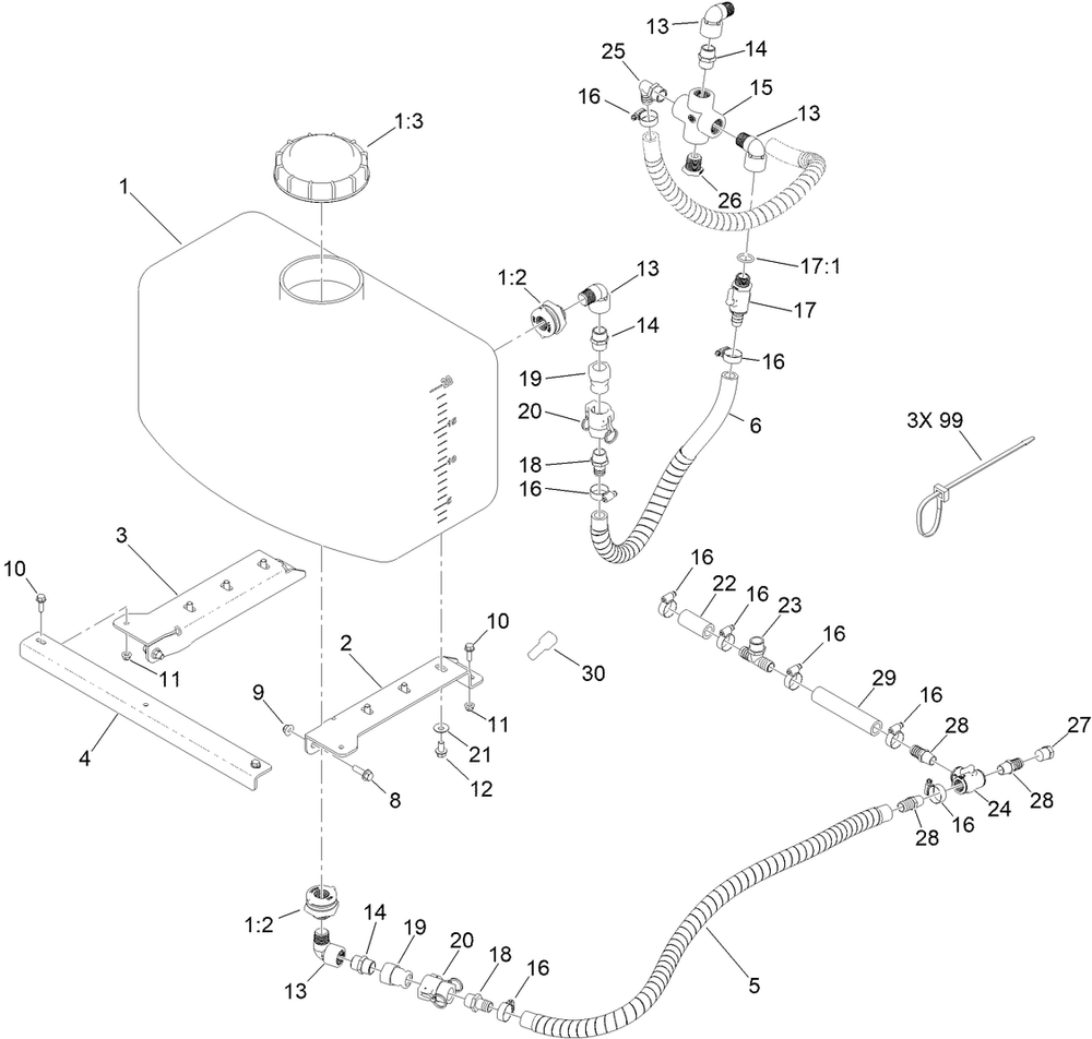 20 Gallon Auxiliary Tank Kit Assembly No. 146-0604 Diagram and Parts List for 146-0604  Toro Sprayer