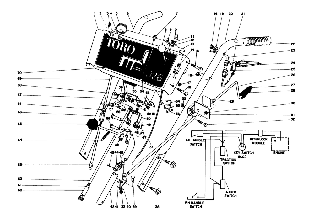Handle Assembly Diagram and Parts List for 38155 7000001 - 7999999 Toro Snow Blower