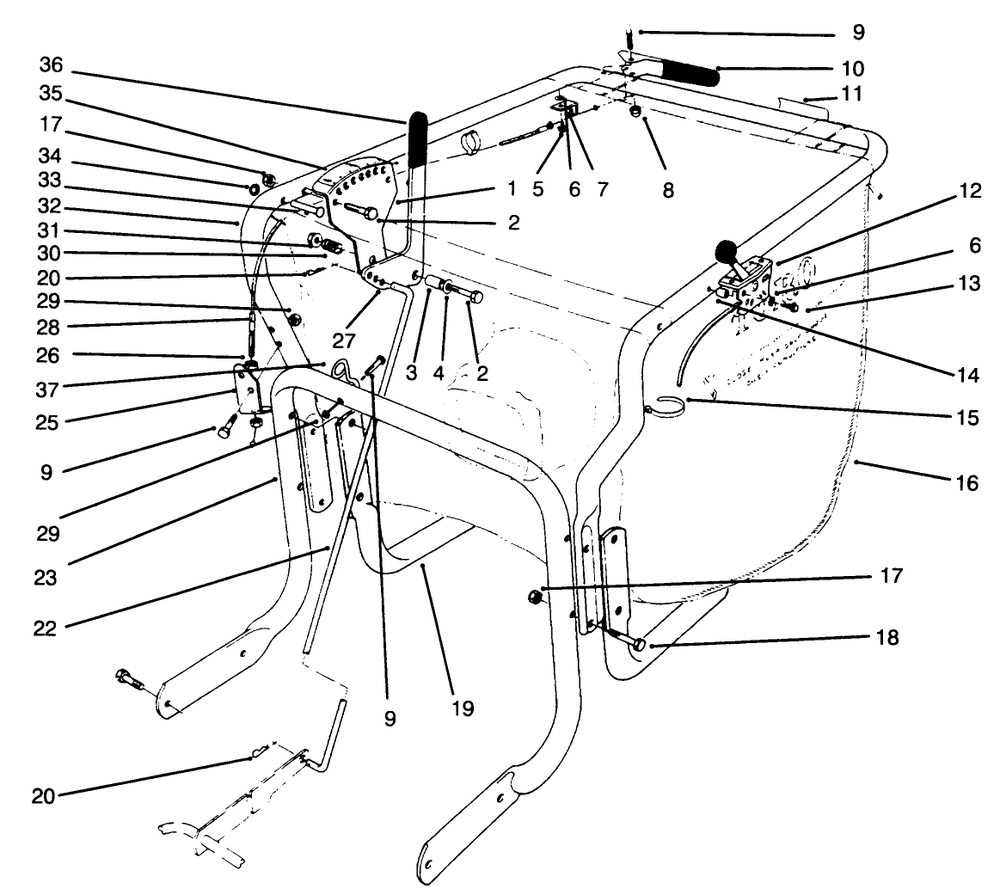 Control & Handle Assembly Diagram and Parts List for 62924 5900001 - 5999999 Toro Leaf Blower / Vacuum