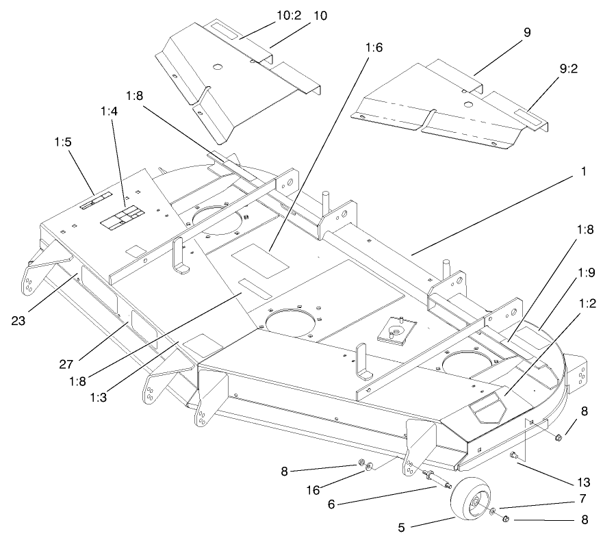 Deck, Deflector And Roller Assembly Diagram and Parts List for 74209 (200001000-200999999)(2000) Toro Lawn Mower