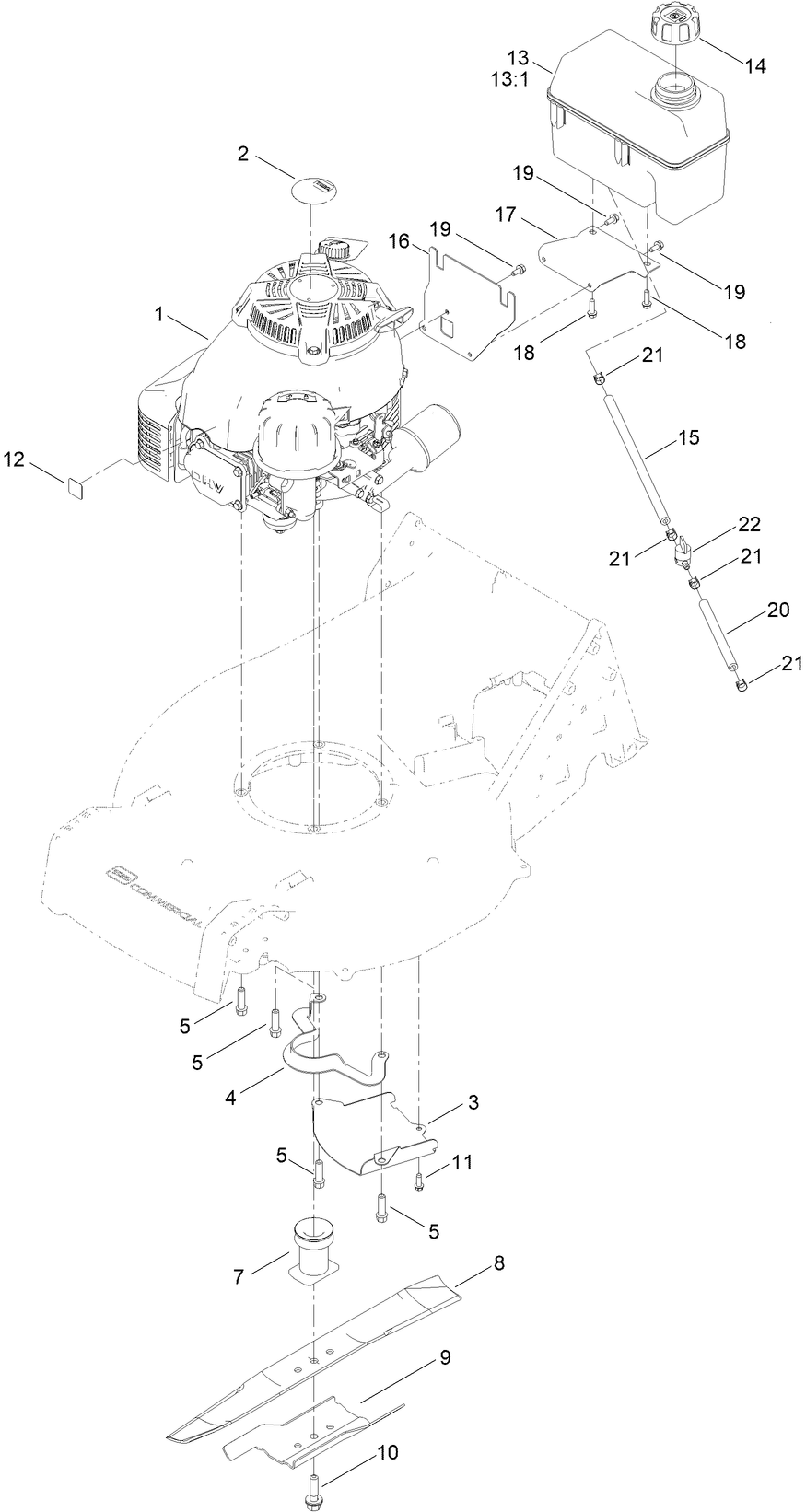 Engine And Blade Assembly Diagram and Parts List for 22283 400000000-999999999 Toro Lawn Mower