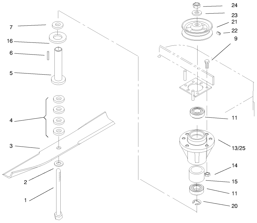 Spindles And Blades Diagram and Parts List for 30197 990001 - 999999 Toro Lawn Mower