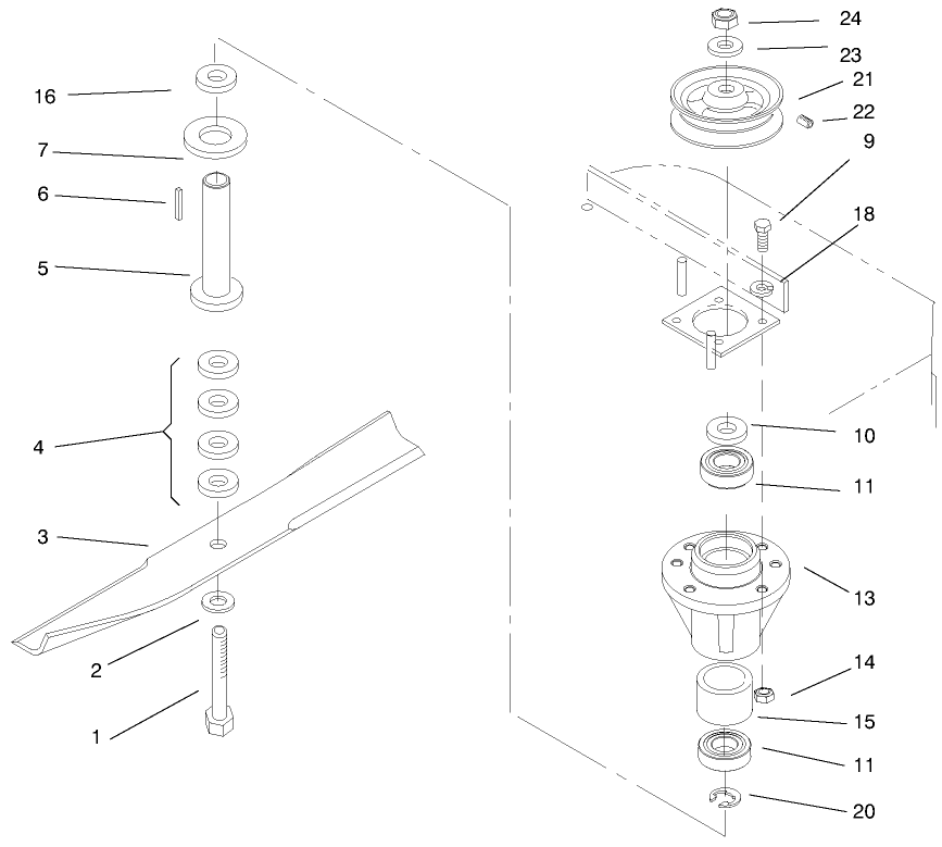 Spindles And Blades Diagram and Parts List for 30194 990001 - 990200 Toro Lawn Mower