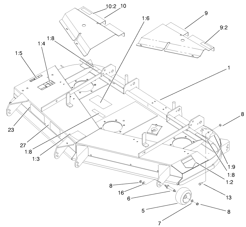 Deck, Deflector And Roller Assembly Diagram and Parts List for 74212 (200000001-200999999)(2000) Toro Lawn Mower