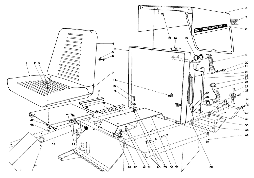 Seat, Radiator And Hood Assembly Diagram and Parts List for 30773 30001 - 30569 Toro Lawn Tractor Accessories