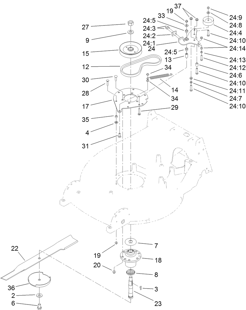 Blade Drive Assembly Diagram and Parts List for 22203TE (312000001-312999999)(2012) Toro Lawn Mower