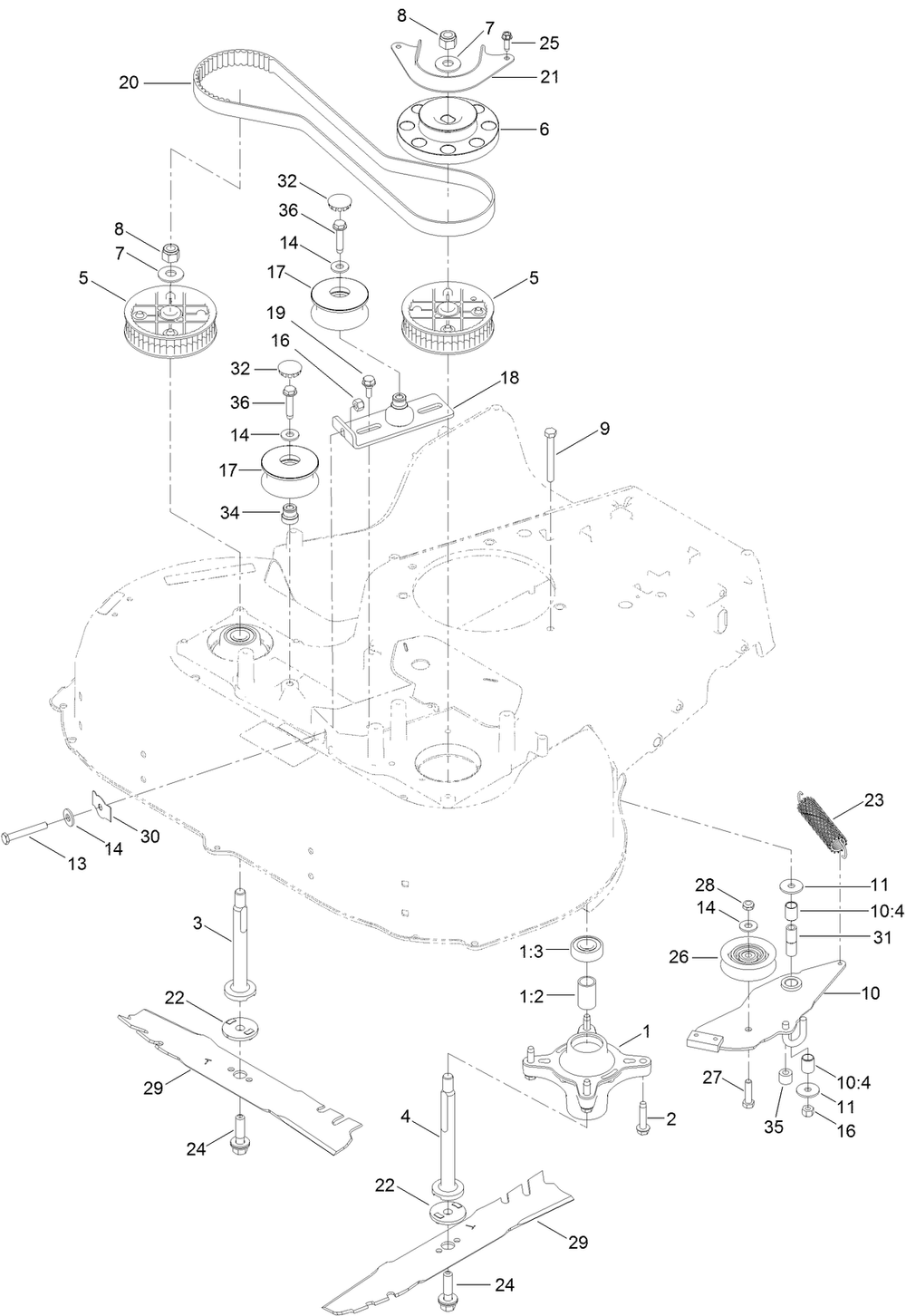 Spindle And Blade Assembly Diagram and Parts List for 22210 404320000-999999999 Toro Lawn Mower