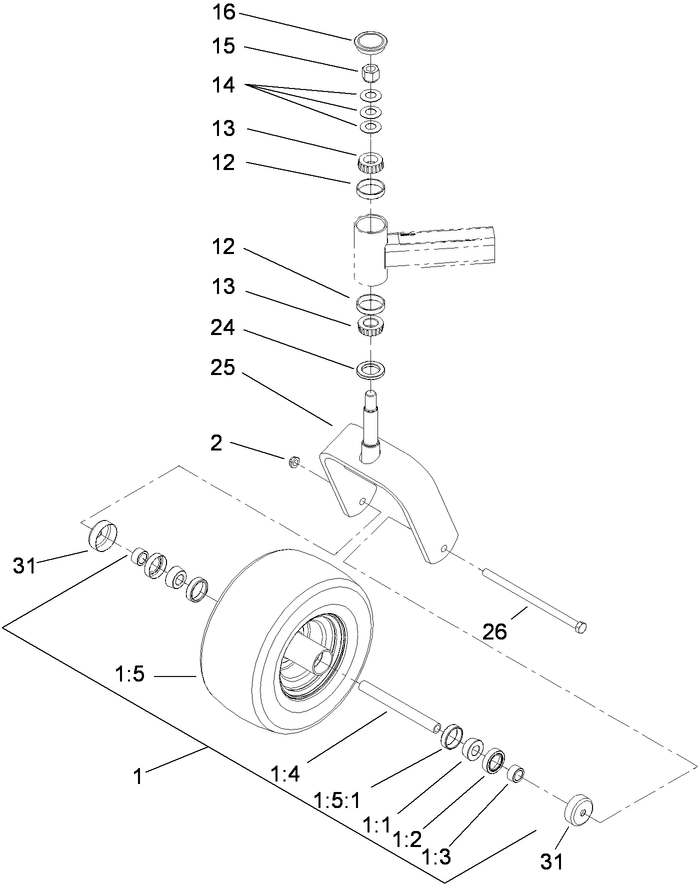 Fork And Caster Wheel Assembly Diagram and Parts List for 74274 (290000001-290999999)(2009) Toro Lawn Mower