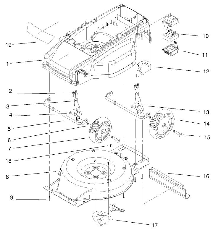Deck, Liner & Wheel Assembly Diagram and Parts List for 20052 99000001 - 99999999 Toro Lawn Mower
