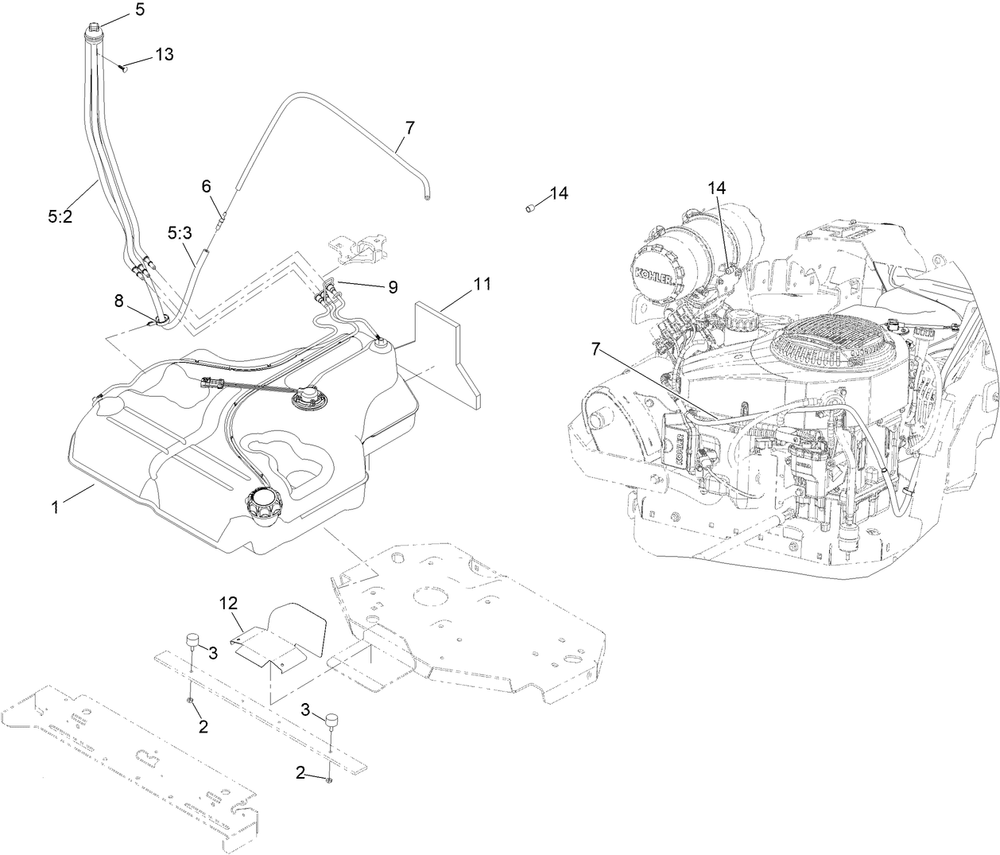 Fuel System Assembly Diagram and Parts List for 72947 413000000 - 414116642 Toro Lawn Tractor