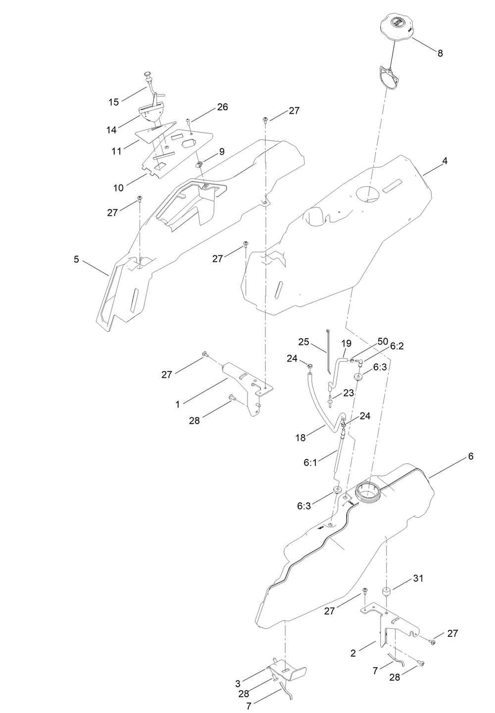 Fuel Pod Assembly Diagram and Parts List for 75742W 410000000 - 411299999 Toro Lawn Tractor