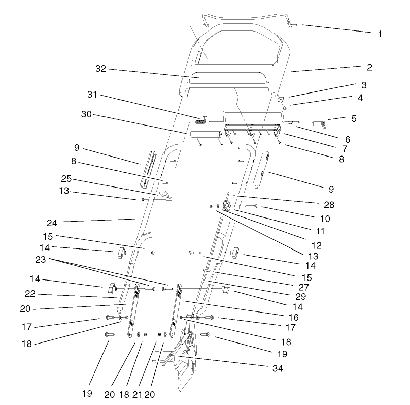 Handle & Controls Assembly Diagram and Parts List for 20043 9900001 - 9999999 Toro Lawn Mower