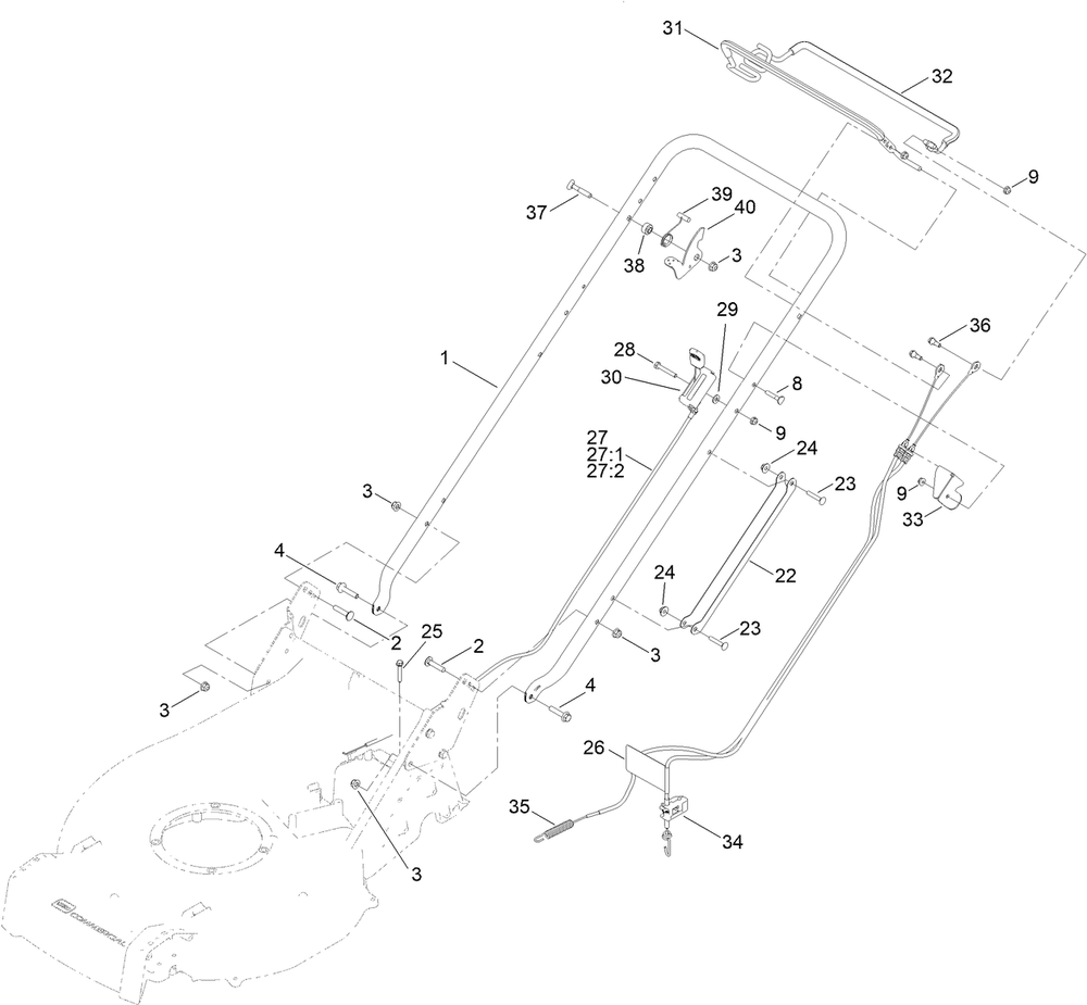 Handle And Control Assembly Diagram and Parts List for 22296 412800000 - 999999999 Toro Lawn Mower