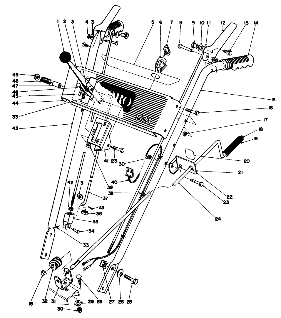 Handle Assembly Diagram and Parts List for 38054 1000001 - 1999999 Toro Snow Blower