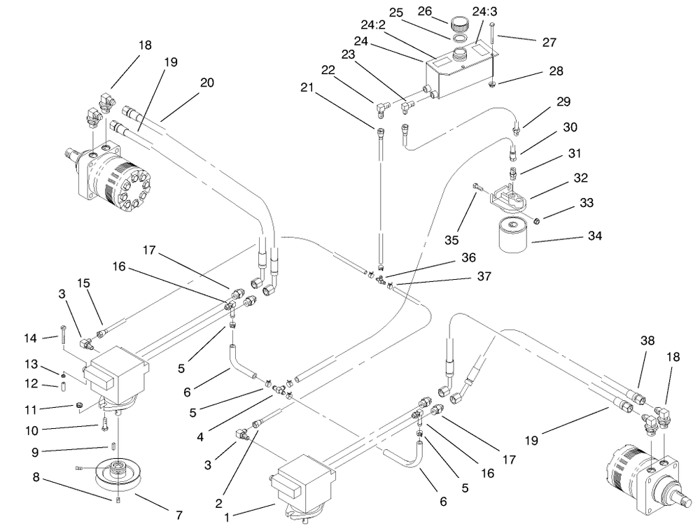 Hydraulic System Assembly Diagram and Parts List for 74173 (990001-999999)(1999) Toro Lawn Mower