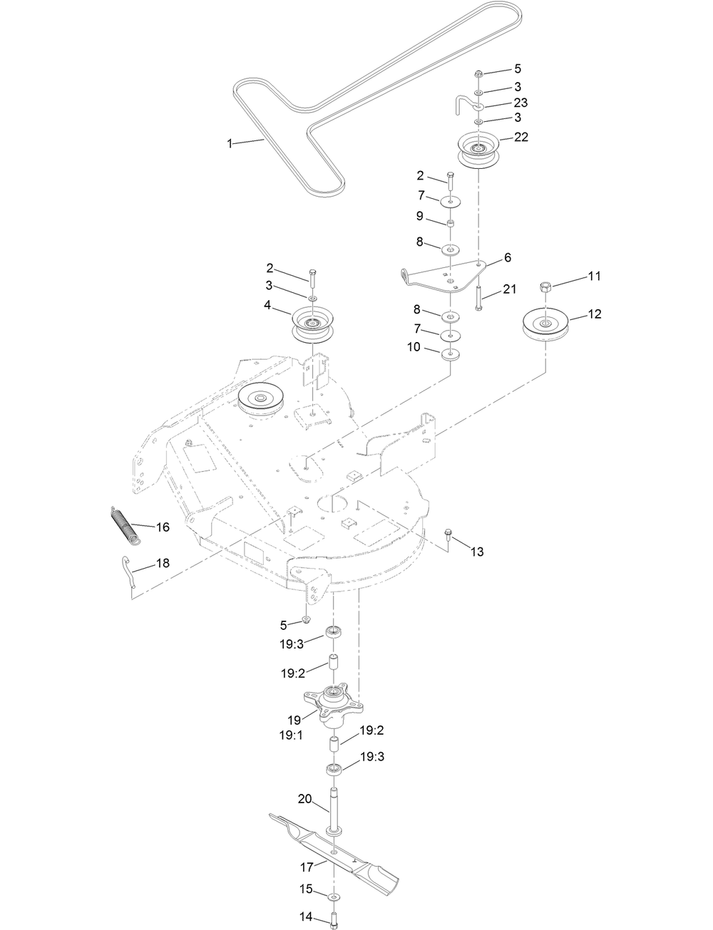 34 Inch Deck, Belt And Blade Assembly Diagram and Parts List for 74750 316000001 - 316999999 Toro Lawn Tractor