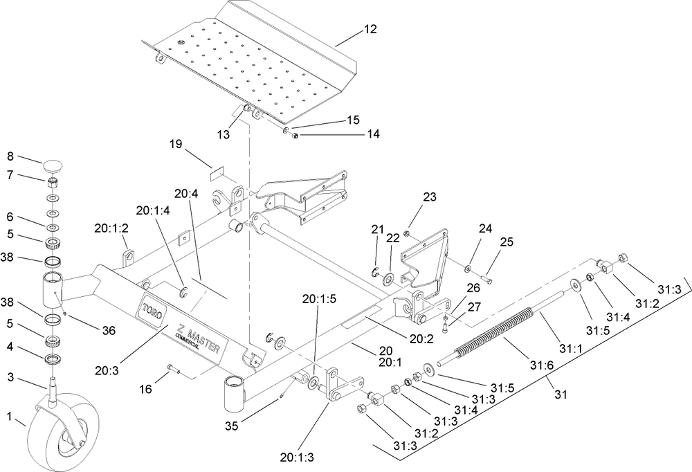 Front Frame Assembly Diagram and Parts List for 74416 (260000001-260000300)(2006) Toro Lawn Mower