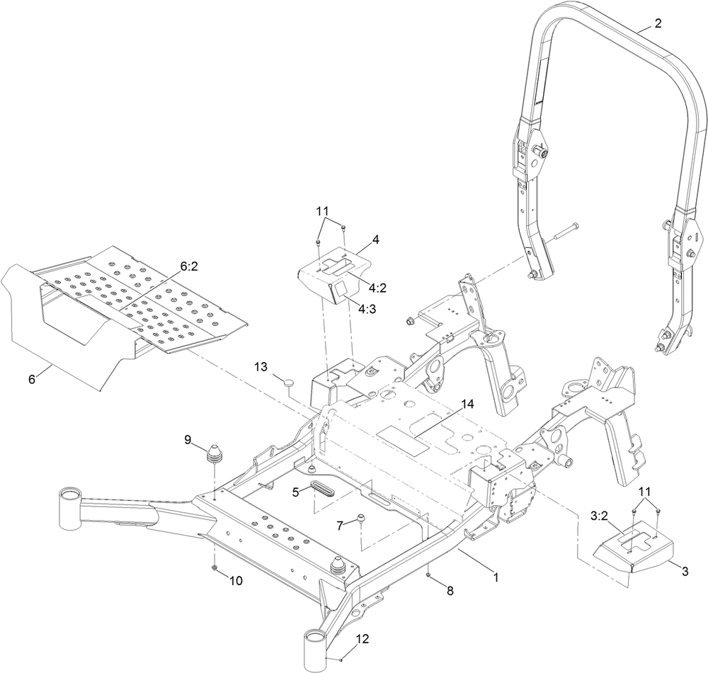 Main Frame Assembly Diagram and Parts List for 72076 406395521-407399999 Toro Lawn Mower