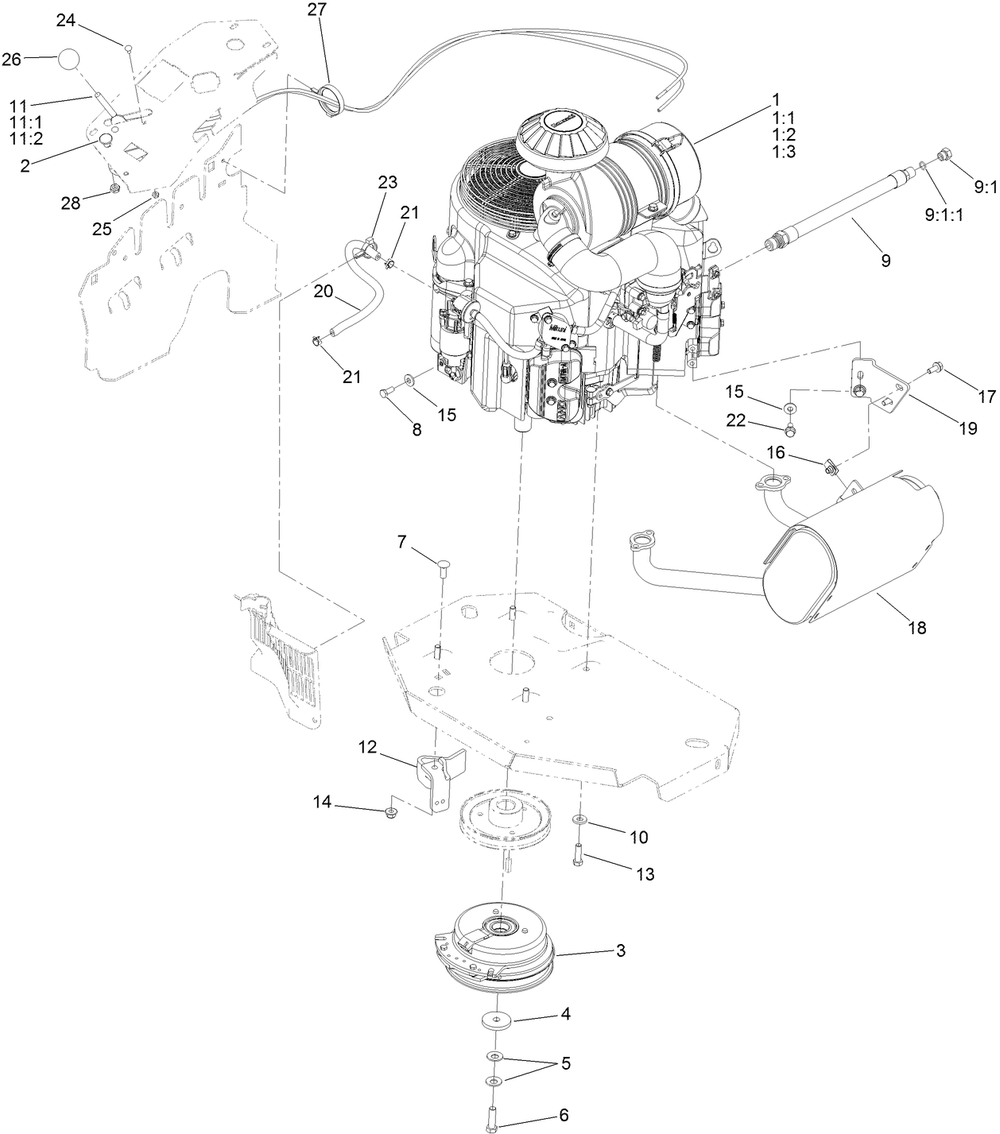 Engine, Clutch And Muffler Assembly Diagram and Parts List for 74950 403247405-999999999 Toro Lawn Mower