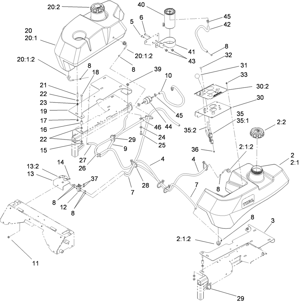 Tank And Fuel Line Assembly Diagram and Parts List for 74269 (311000001-311999999)(2011) Toro Lawn Mower