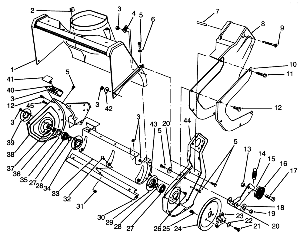 Rotor Housing Assembly Diagram and Parts List for 38196 4900001 - 4999999 Toro Snow Blower