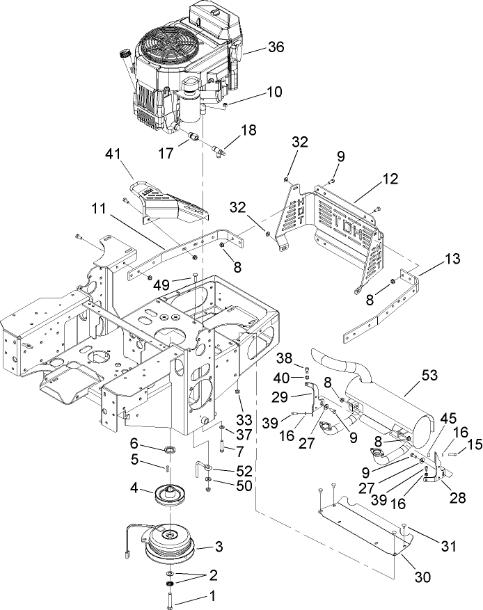 Engine, Clutch And Muffler Assembly Diagram and Parts List for 74411TE (250000001-250999999)(2005) Toro Lawn Mower